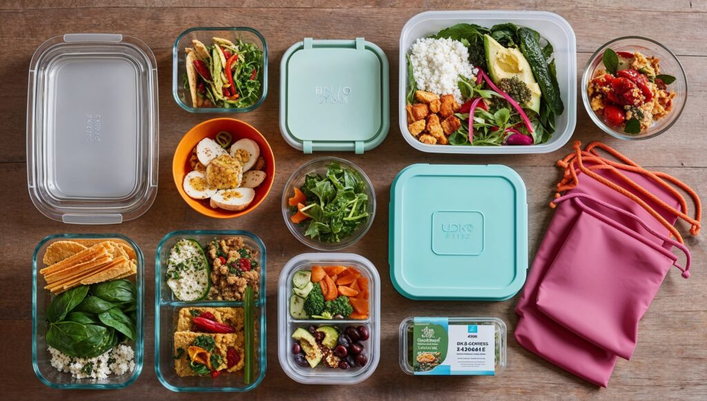 A variety of meal prep containers filled with healthy meals, ready for storage.