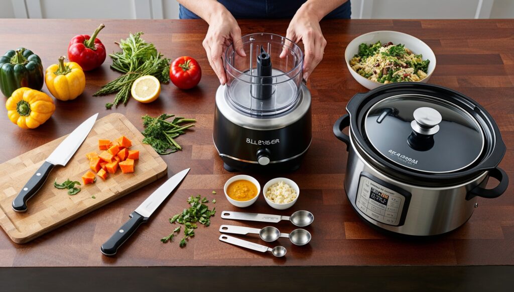 An image showcasing various essential kitchen gadgets.