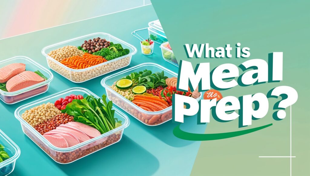 A colorful image with text that reads "What is Meal Prep?" surrounded by various healthy foods like fruits, vegetables, and grains.