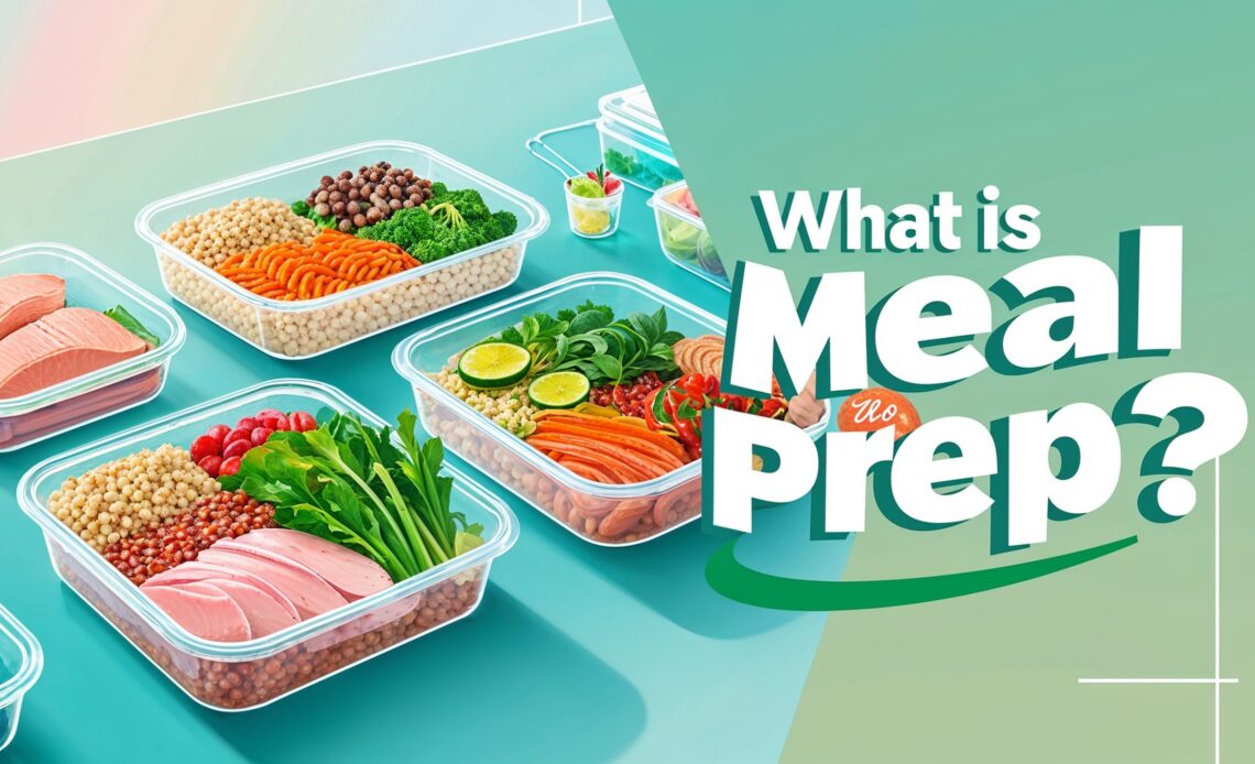 A colorful image with text that reads "What is Meal Prep?" surrounded by various healthy foods like fruits, vegetables, and grains.